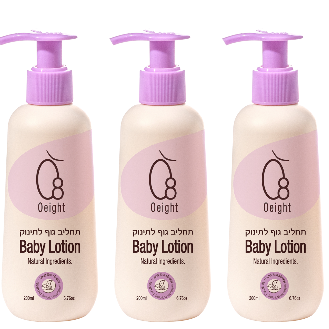 מארז שלישייה תחליב גוף לתינוק -קרם גוף מבוסס על חמאת שיאה - לחות לעור מכף רגל ועד ראש